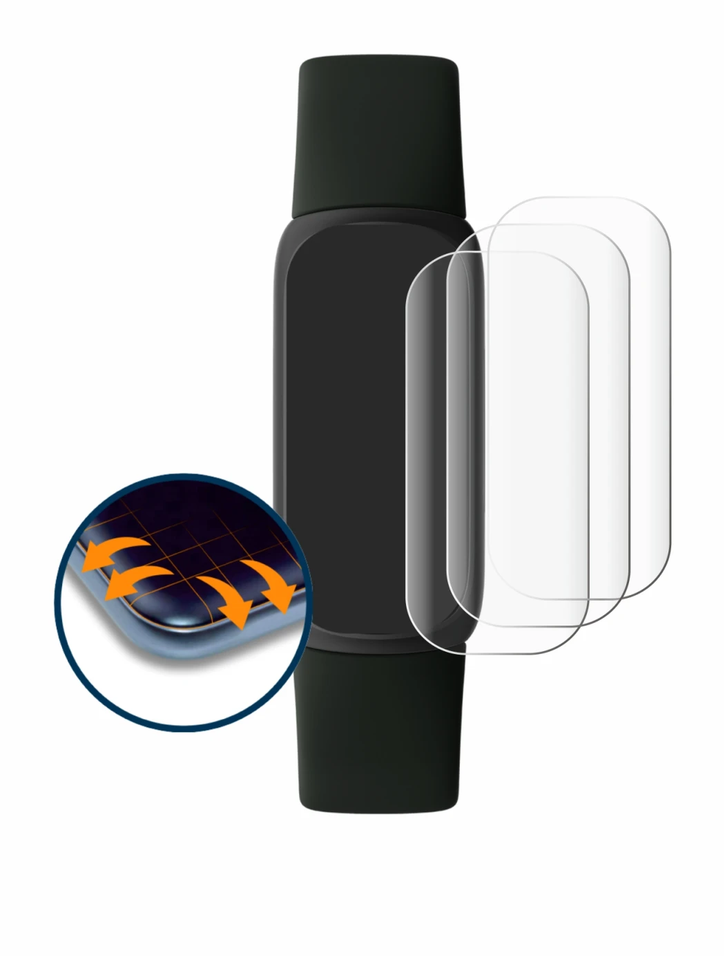 Image of the device Fitbit Inspire 3 with a wide variety of screen protectors.