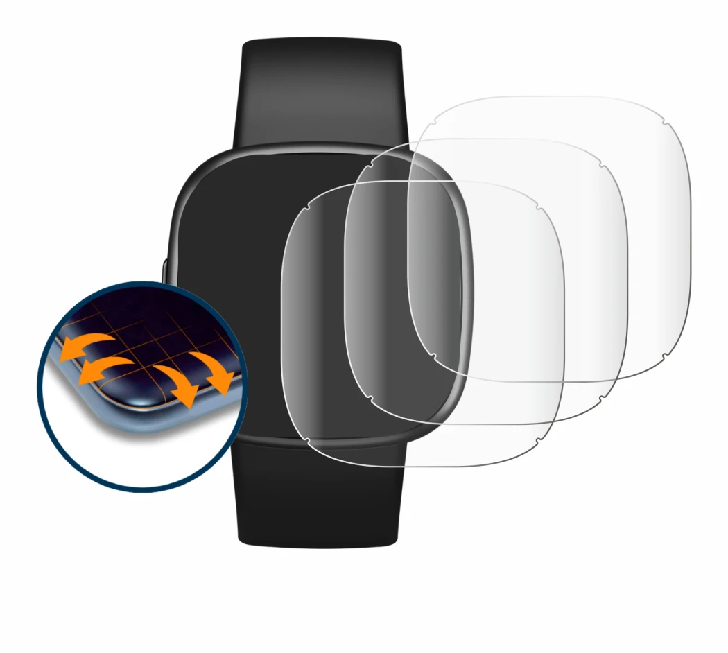 Image of the device Fitbit Versa 4 with a wide variety of screen protectors.