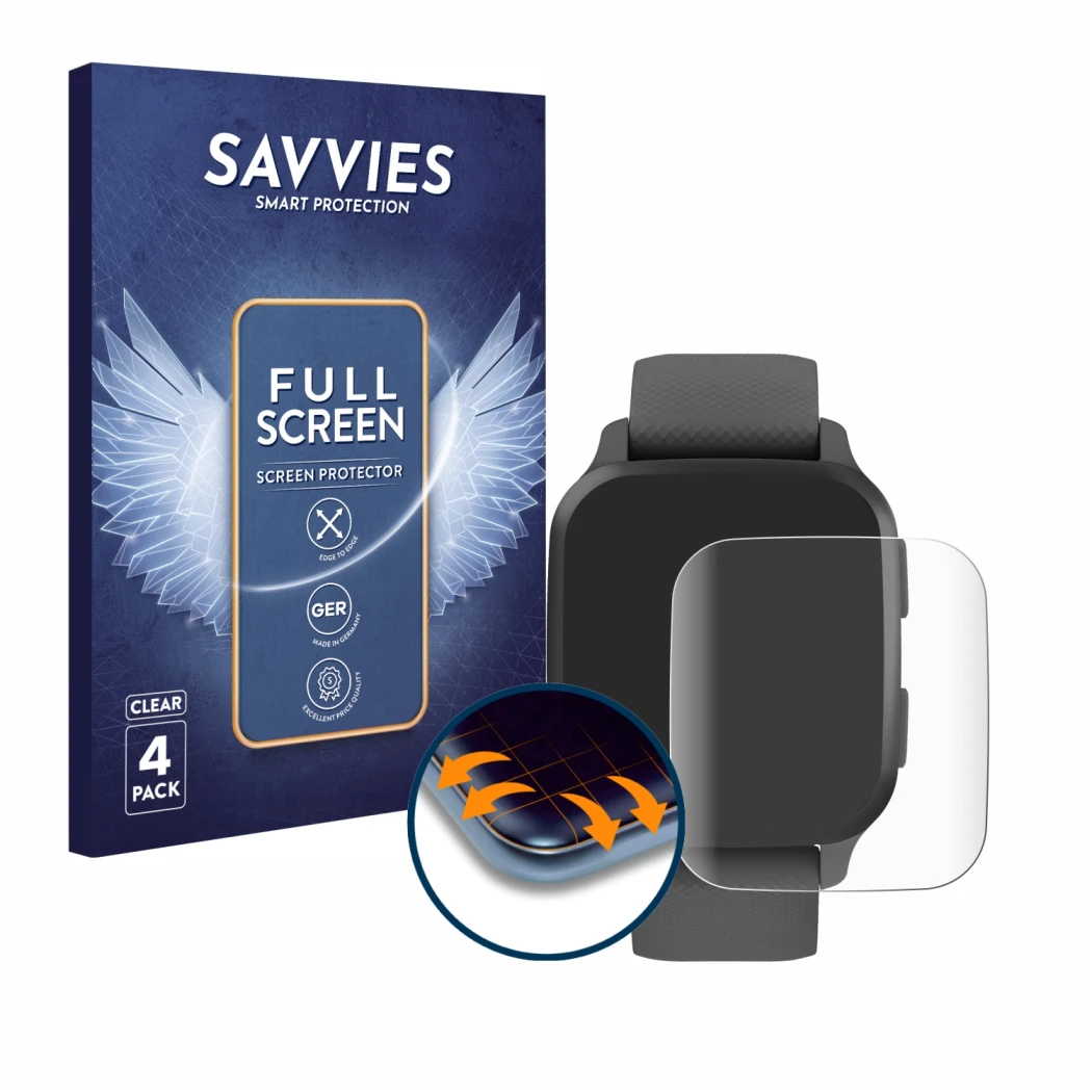 Front side of a product packaging with the brand logo Savvies. Next to it is the device Garmin Venu Sq 2 shown with the corres