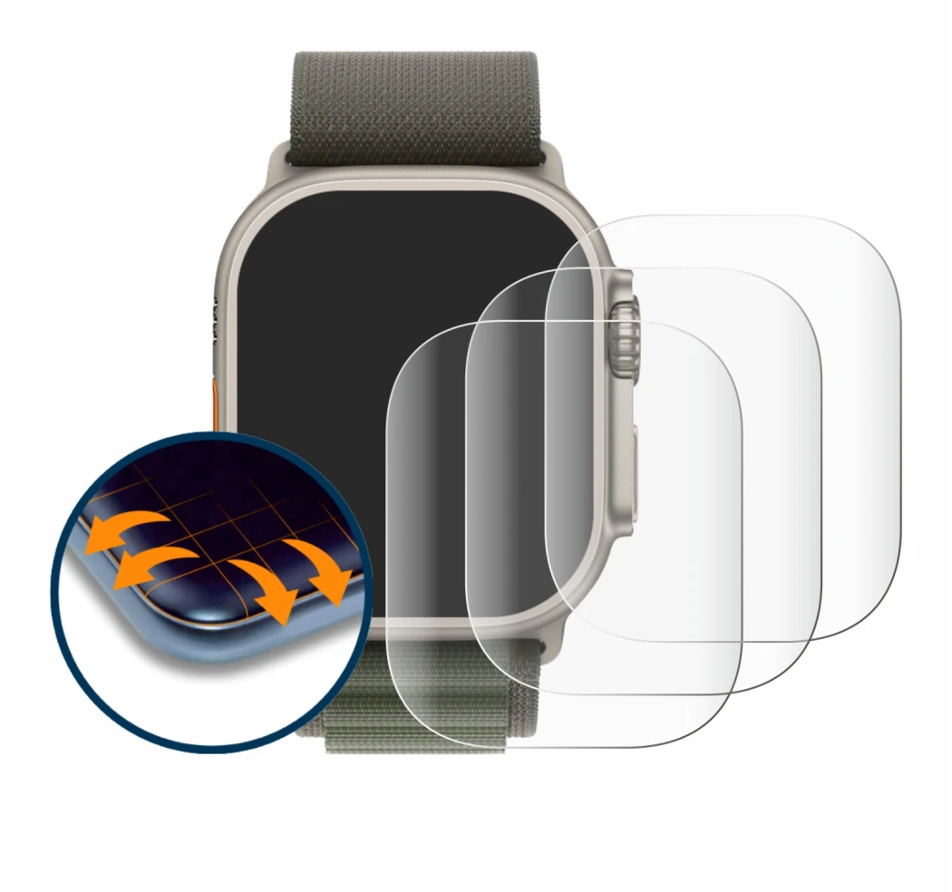 Image of the device Apple Watch Ultra (49 mm) with a wide variety of screen protectors.