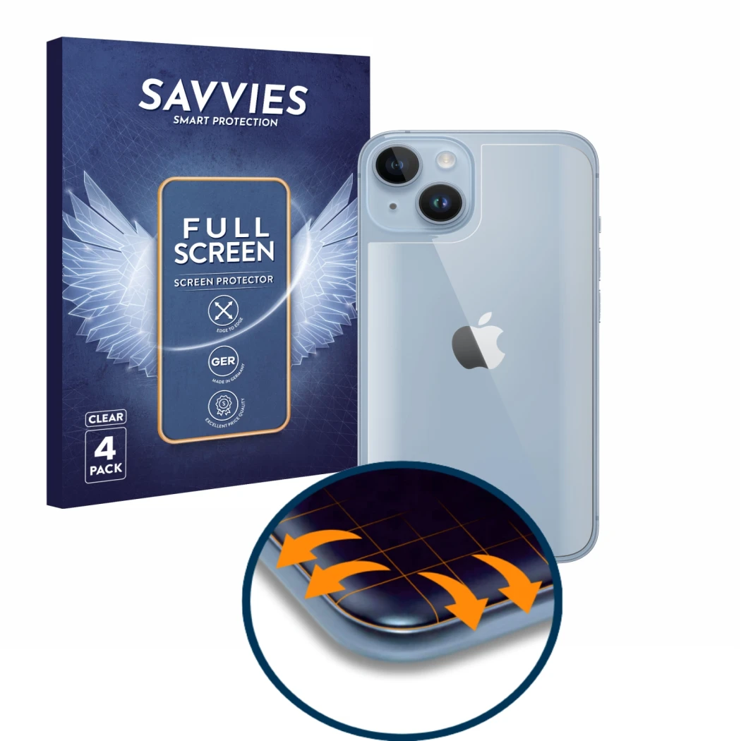 Front side of a product packaging with the brand logo Savvies. Next to it is the device Apple iPhone 14 (Back) shown with the 