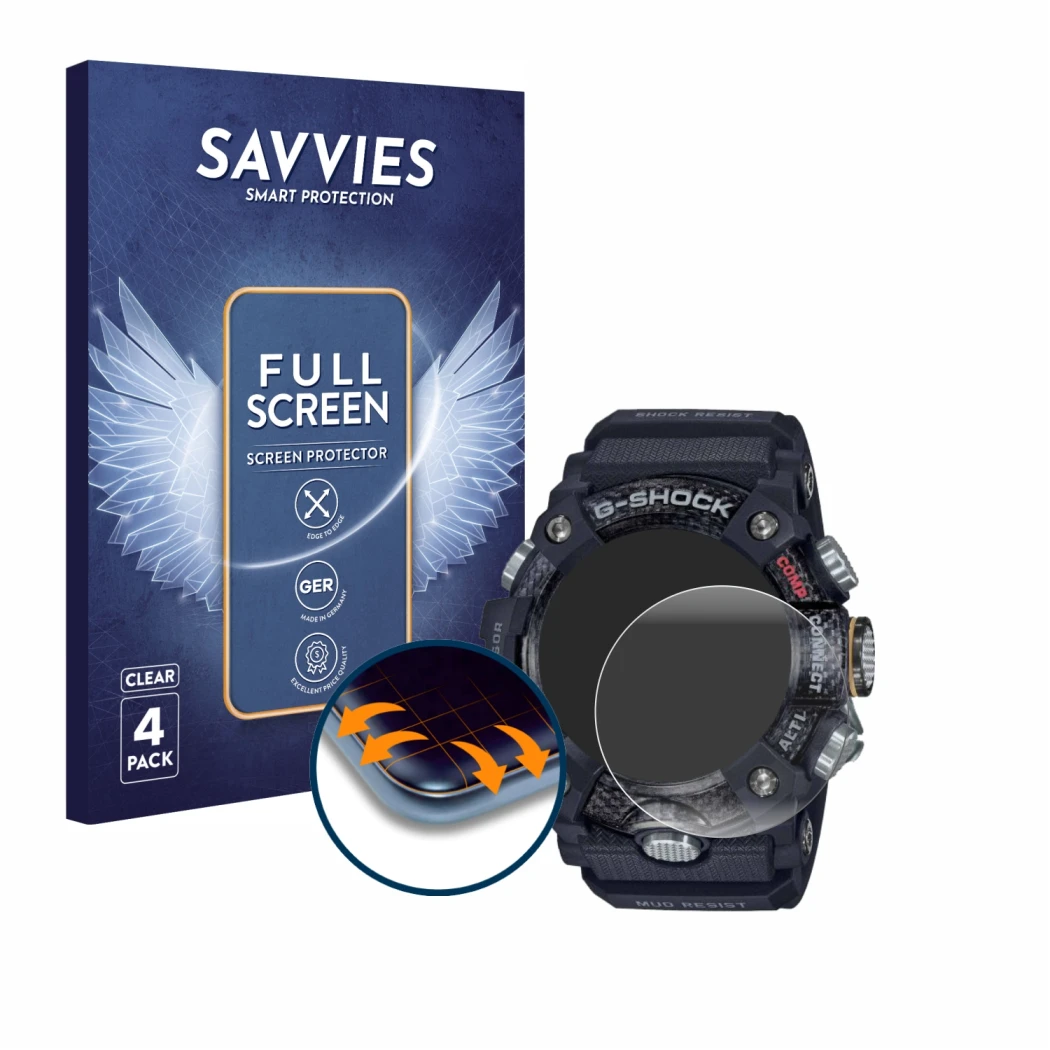 Front side of a product packaging with the brand logo Savvies. Next to it is the device Casio G-Shock Mudmaster GG-B100-1AER s