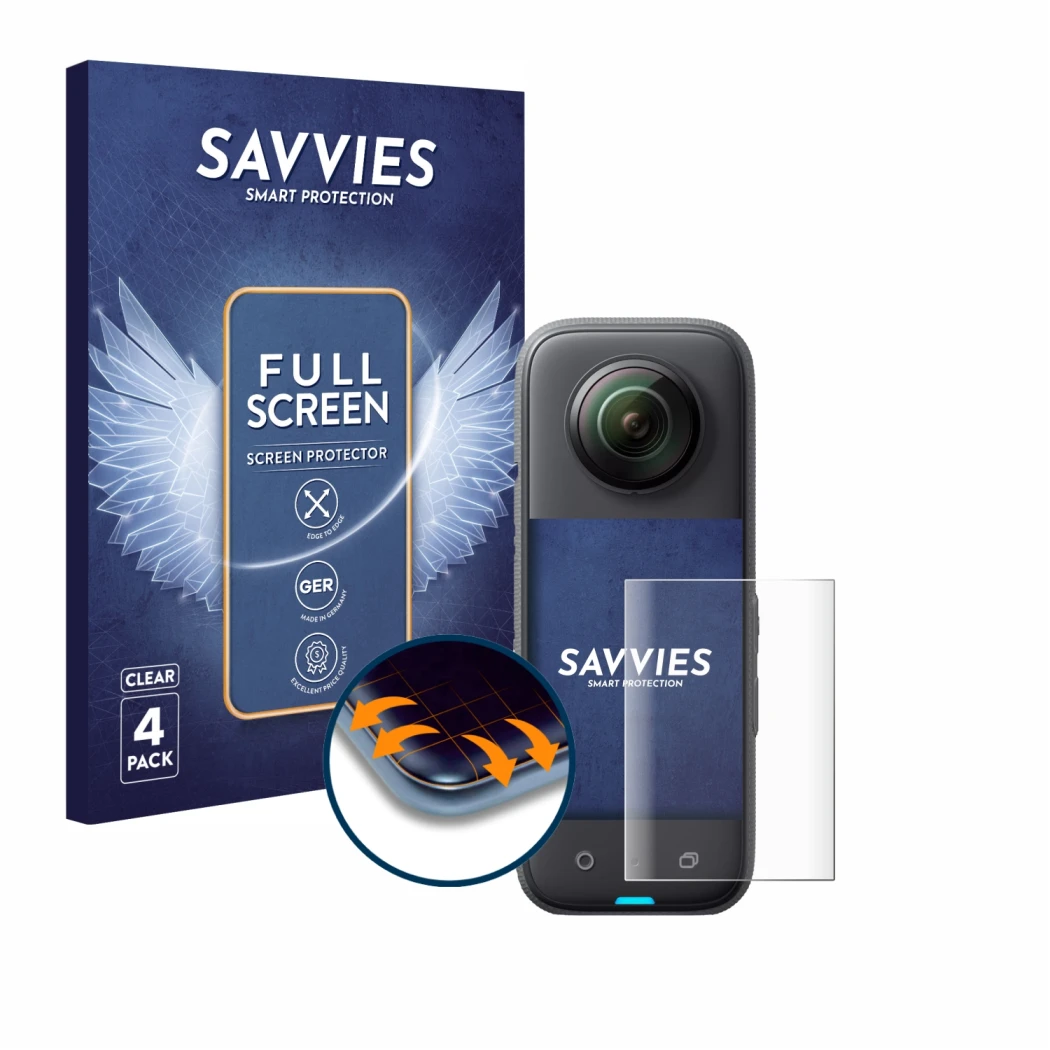 Front side of a product packaging with the brand logo Savvies. Next to it is the device Insta360 X3 shown with the correspondi