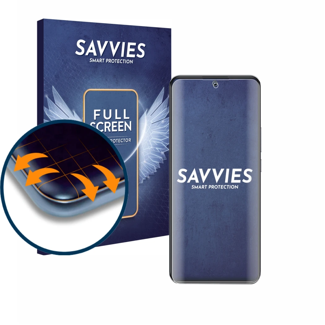 Front side of a product packaging with the brand logo Savvies. Next to it is the device Xiaomi 12T Pro shown with the correspo