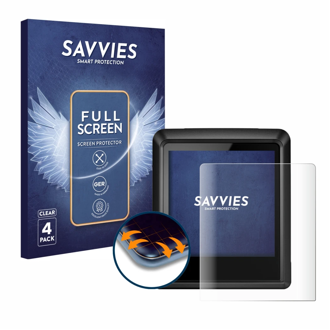 Front side of a product packaging with the brand logo Savvies. Next to it is the device Bosch Intuvia 100 shown with the corre