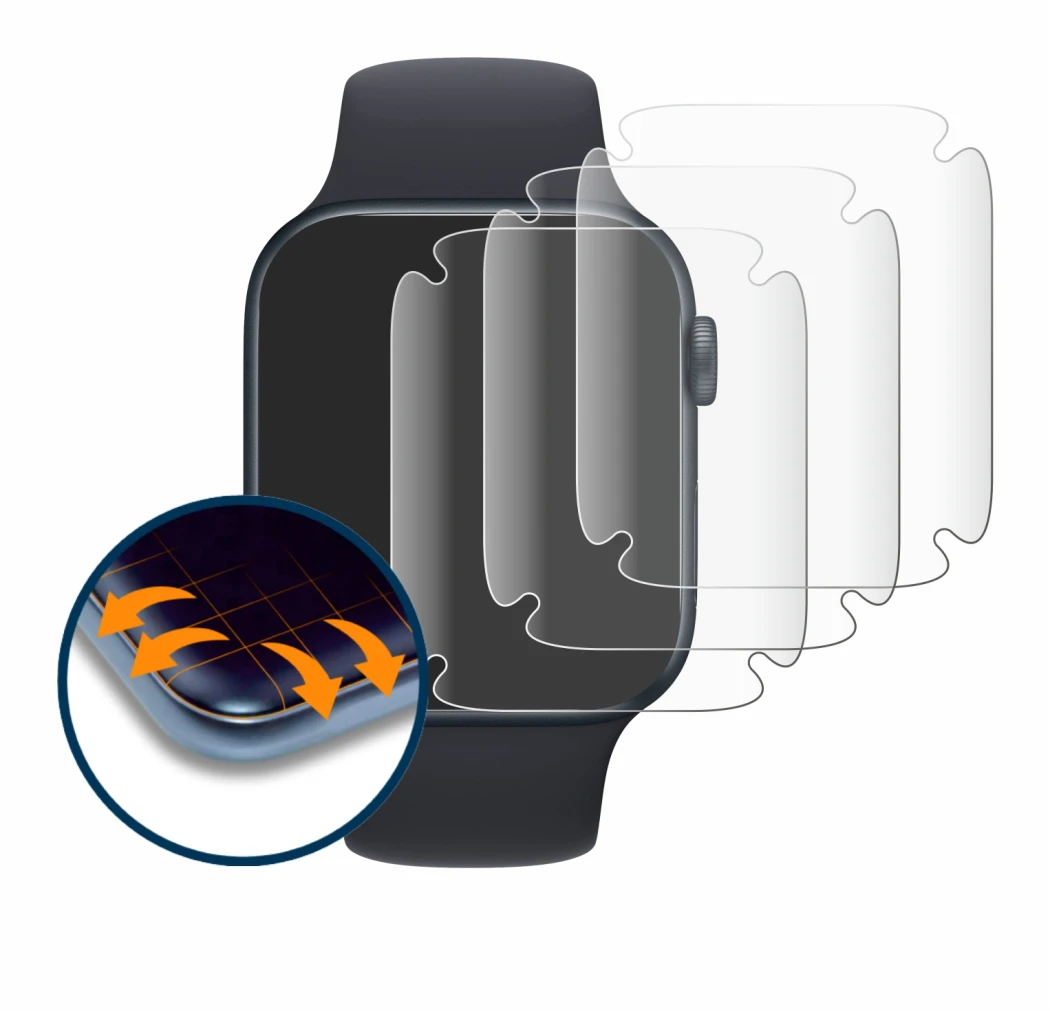 Image of the device Apple Watch SE 2022 (44 mm) with a wide variety of screen protectors.