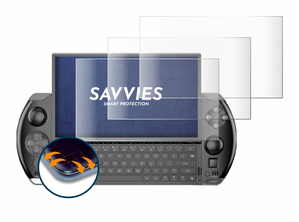 Image of the device GPD Win 4 with a wide variety of screen protectors.