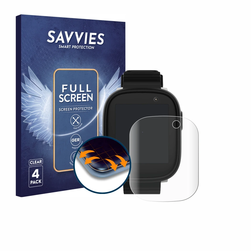 Front side of a product packaging with the brand logo Savvies. Next to it is the device Xplora X6 Play 2022 (1st generation) s