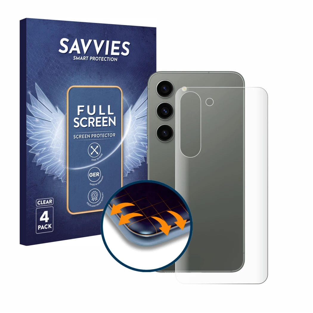 Front side of a product packaging with the brand logo Savvies. Next to it is the device Samsung Galaxy S23 (Back) shown with t