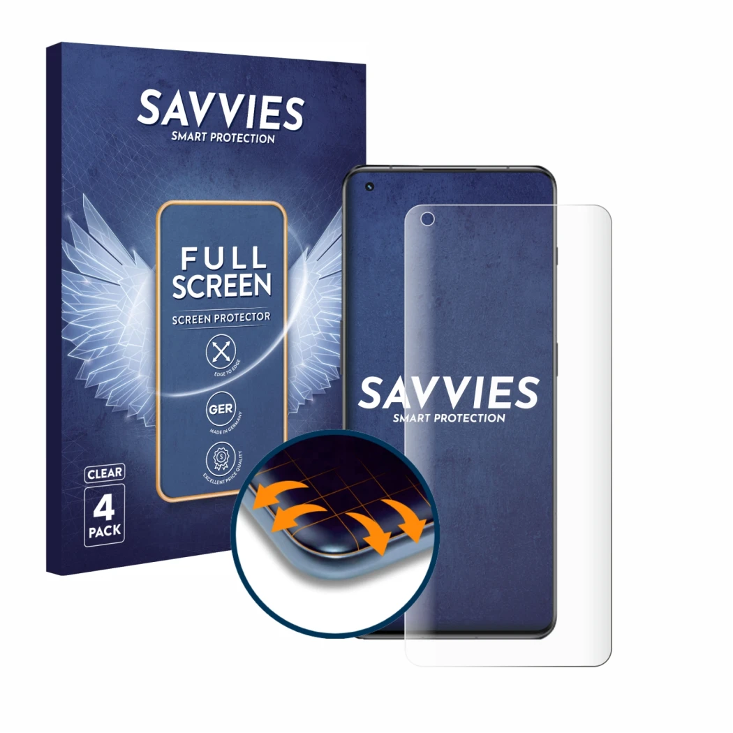 Front side of a product packaging with the brand logo Savvies. Next to it is the device OnePlus 11 5G shown with the correspon