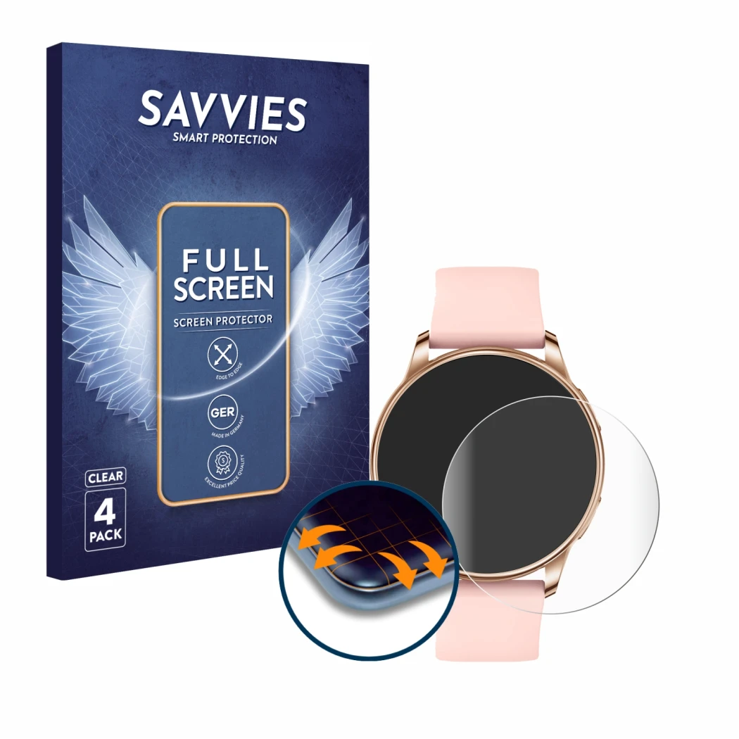 Front side of a product packaging with the brand logo Savvies. Next to it is the device Levowatch F2 shown with the correspond