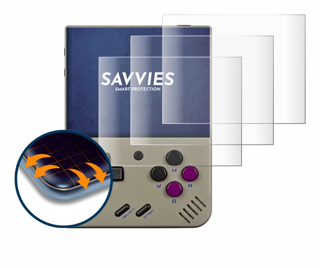 Image of the device Miyoo Mini Plus with a wide variety of screen protectors.