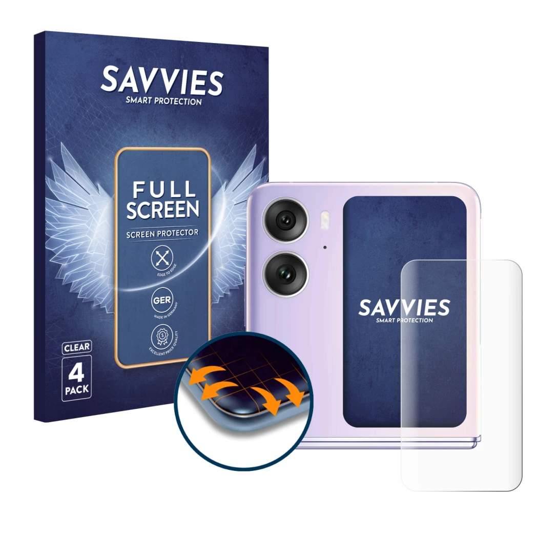 Front side of a product packaging with the brand logo Savvies. Next to it is the device Oppo Find N2 Flip (Back display) shown