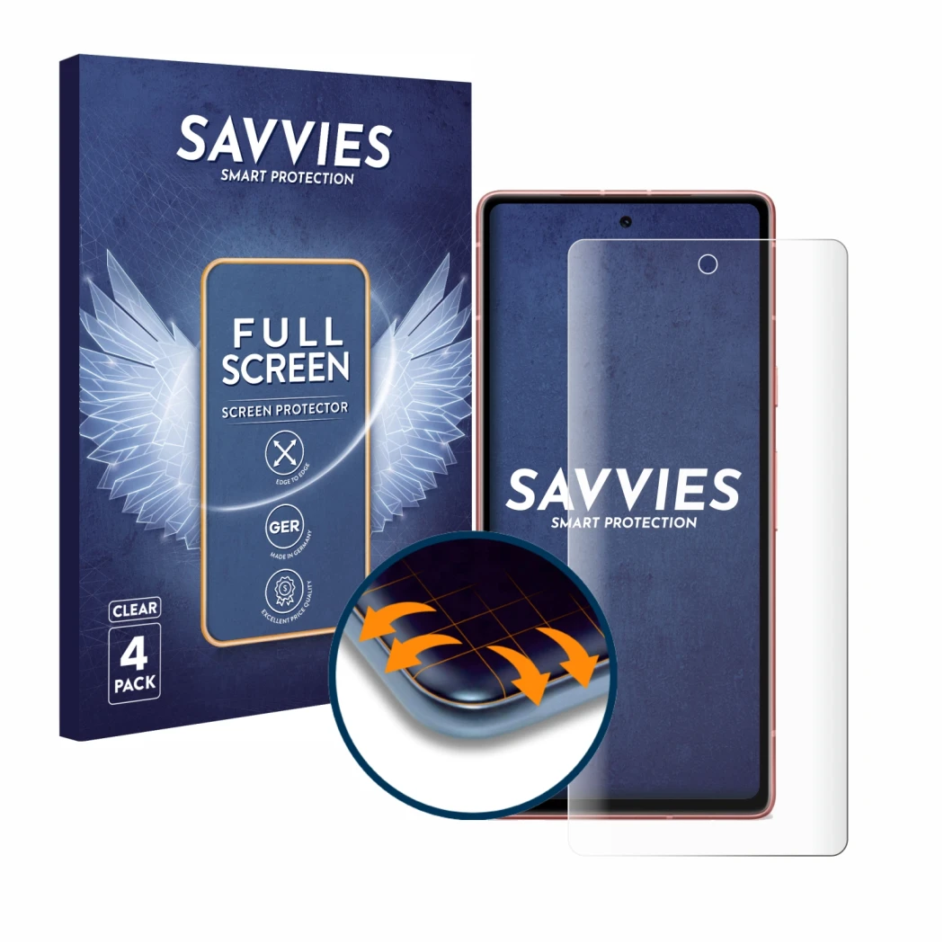Front side of a product packaging with the brand logo Savvies. Next to it is the device Google Pixel 7a shown with the corresp