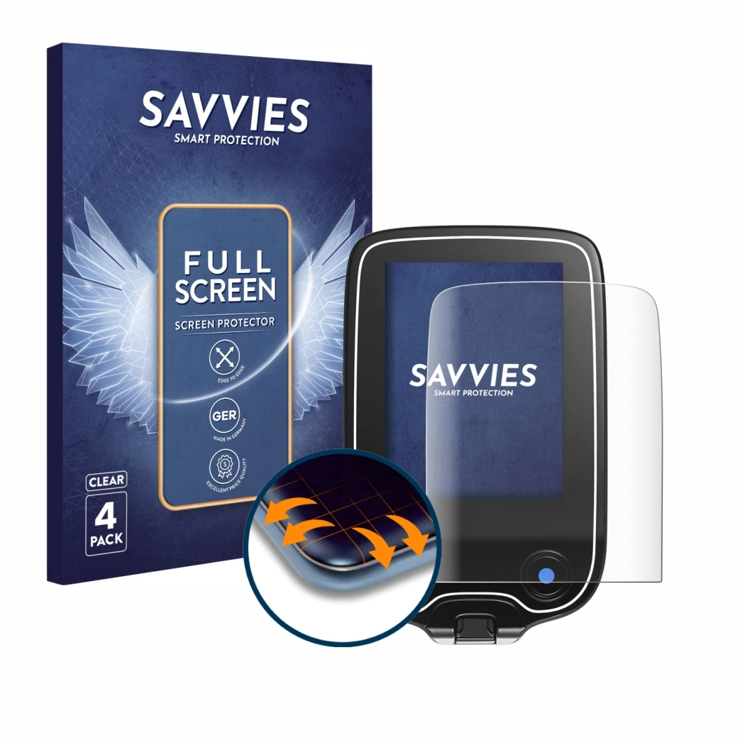 Front side of a product packaging with the brand logo Savvies. Next to it is the device Freestyle Libre 3 shown with the corre