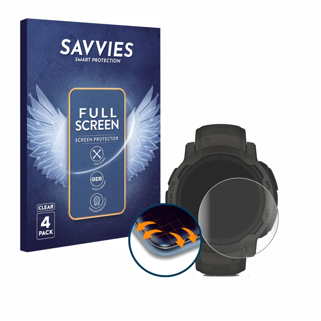 Front side of a product packaging with the brand logo Savvies. Next to it is the device Garmin Instinct 2 Solar shown with the