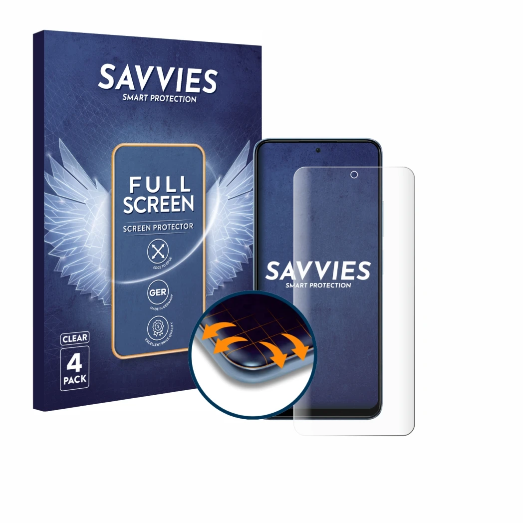 Front side of a product packaging with the brand logo Savvies. Next to it is the device Xiaomi Redmi Note 12 4G shown with the