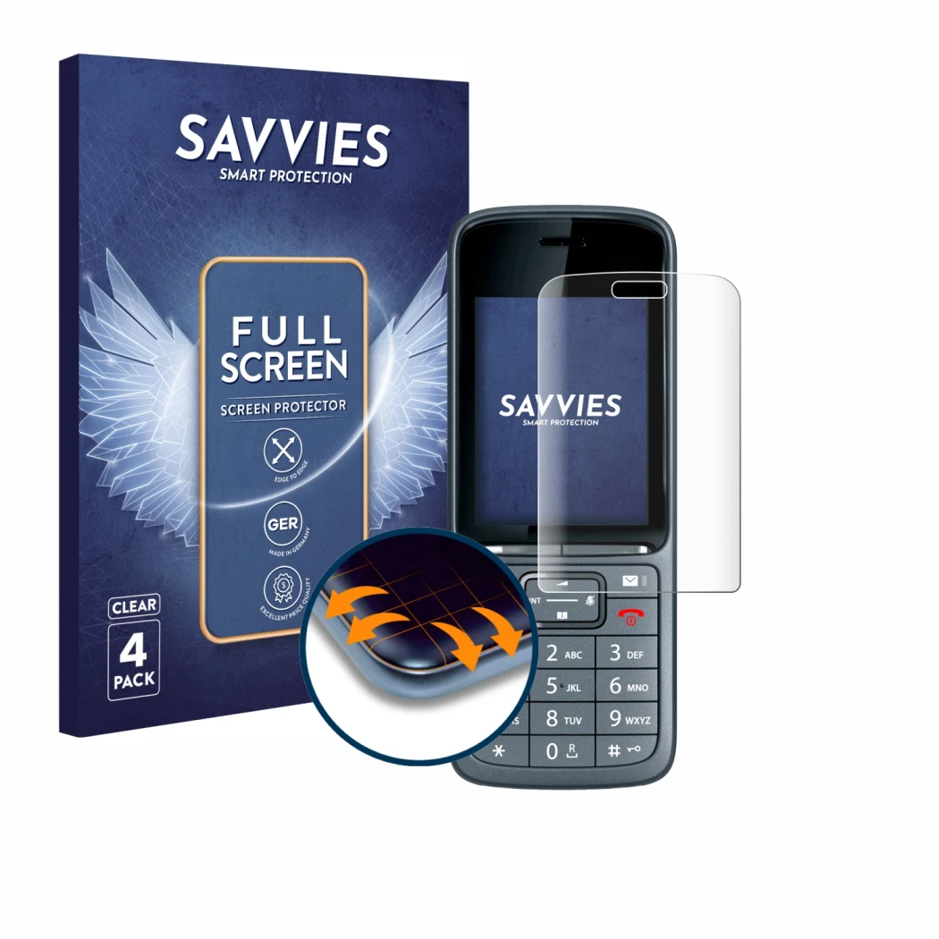 Front side of a product packaging with the brand logo Savvies. Next to it is the device Gigaset SL800H Pro shown with the corr