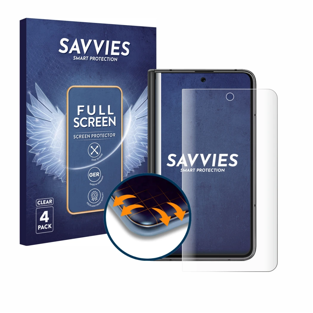Front side of a product packaging with the brand logo Savvies. Next to it is the device Google Pixel Fold (Outer display) show