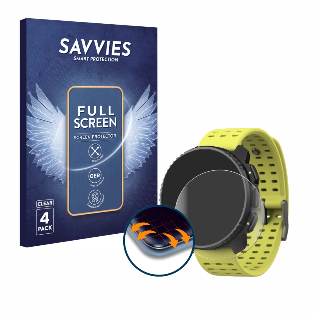Front side of a product packaging with the brand logo Savvies. Next to it is the device Suunto Vertical shown with the corresp