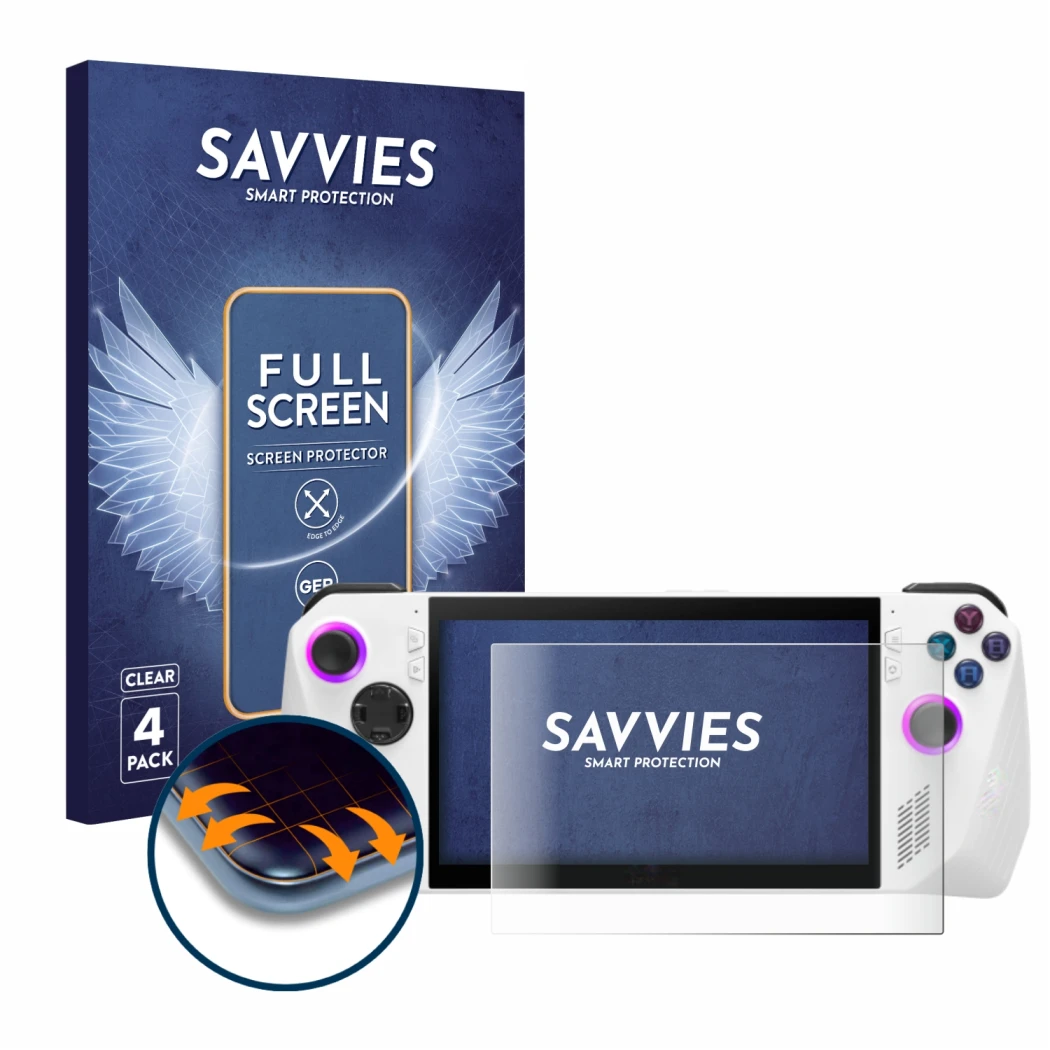 Front side of a product packaging with the brand logo Savvies. Next to it is the device ASUS ROG Ally (2023) RC71L shown with 