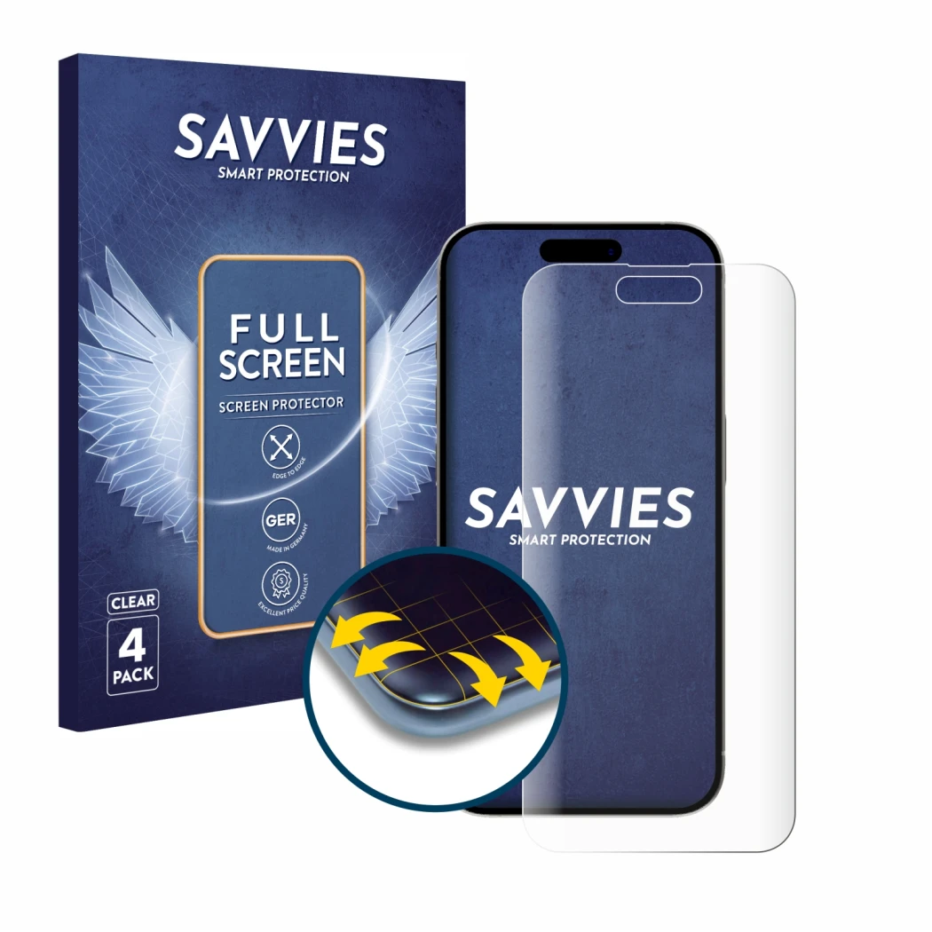 Front side of a product packaging with the brand logo Savvies. Next to it is the device Apple iPhone 15 Pro shown with the cor