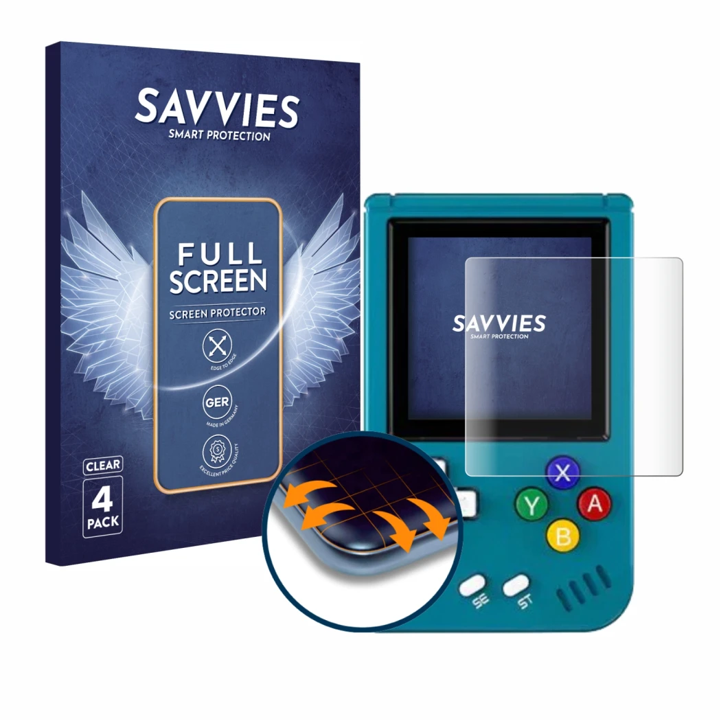 Front side of a product packaging with the brand logo Savvies. Next to it is the device Anbernic RG Nano shown with the corres