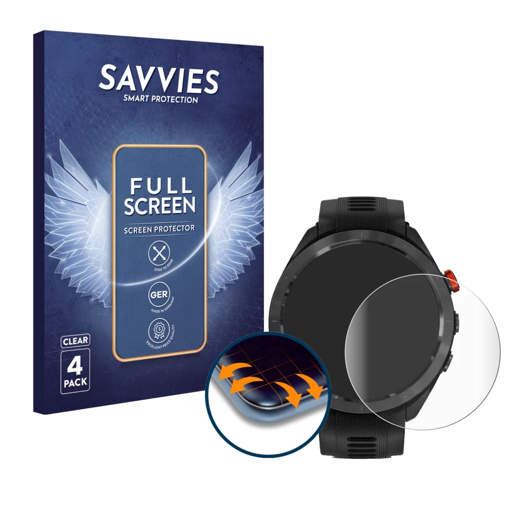 Front side of a product packaging with the brand logo Savvies. Next to it is the device Garmin Approach S70 (47 mm) shown with