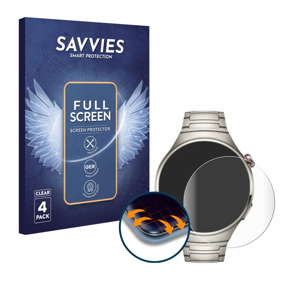 Front side of a product packaging with the brand logo Savvies. Next to it is the device Huawei Watch 4 Pro shown with the corr