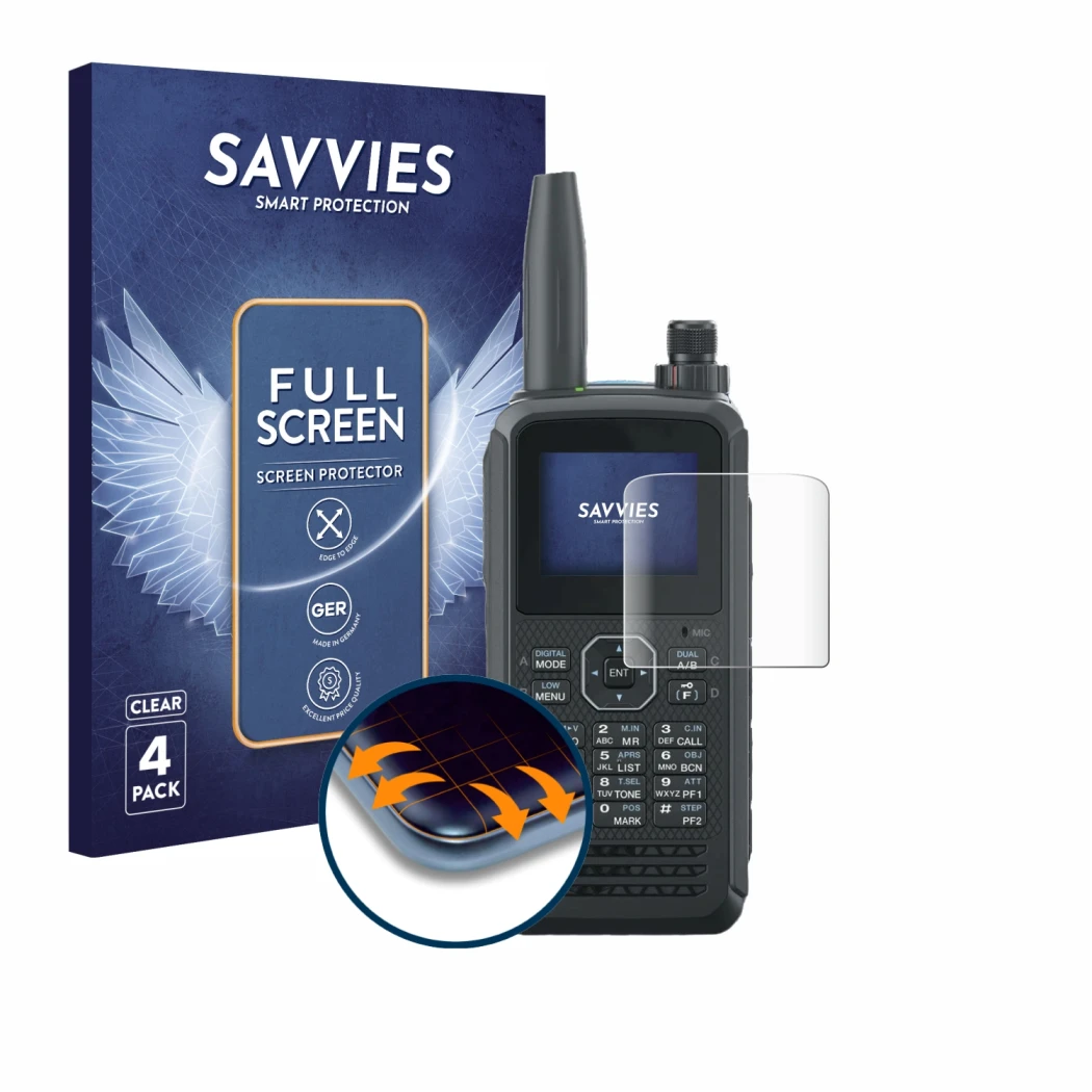 Front side of a product packaging with the brand logo Savvies. Next to it is the device Kenwood TH-D75E D-Star shown with the 