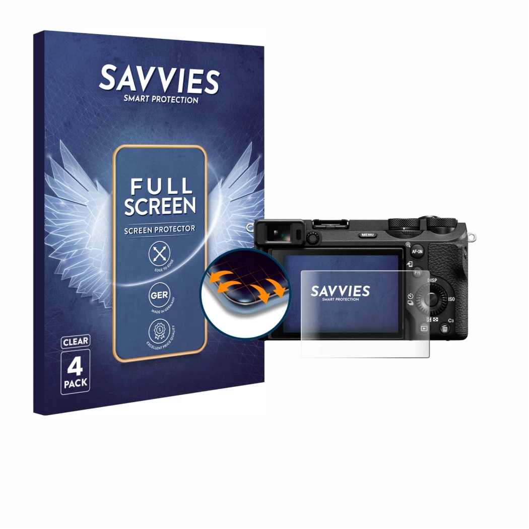 Front side of a product packaging with the brand logo Savvies. Next to it is the device Sony Alpha 6700 shown with the corresp