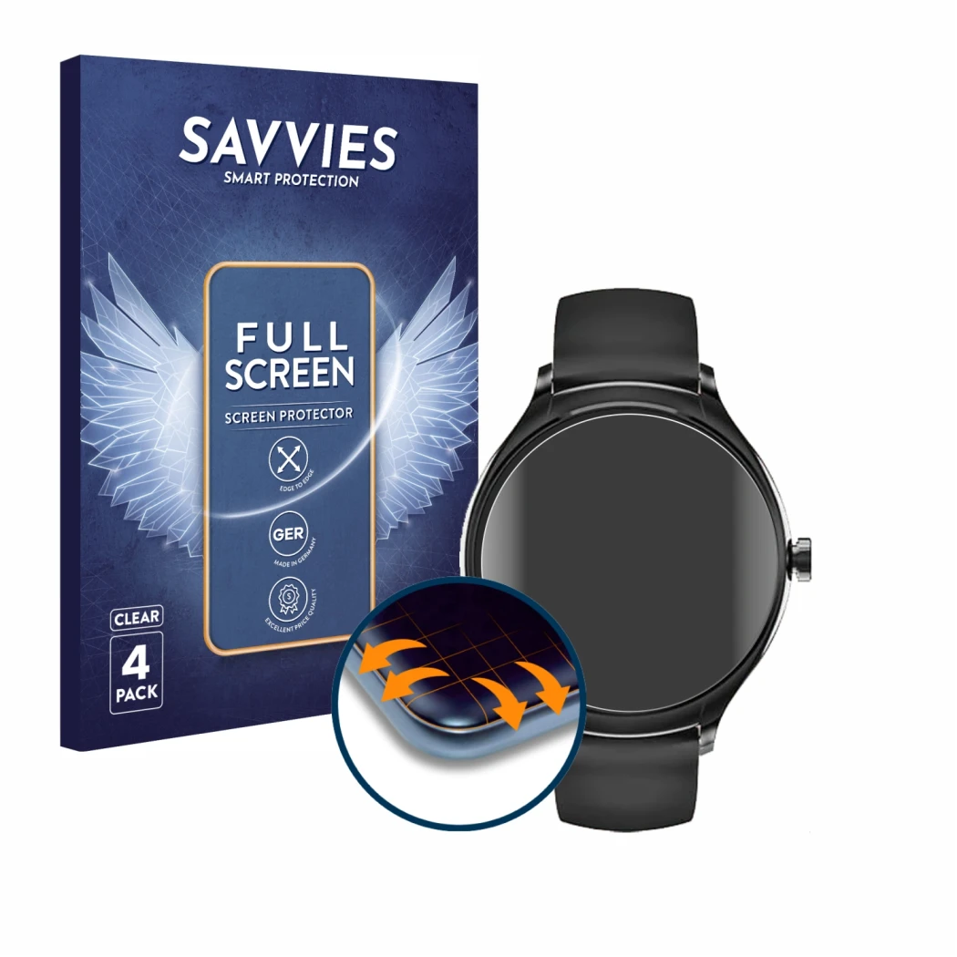 Front side of a product packaging with the brand logo Savvies. Next to it is the device Pireware Harmony 4 shown with the corr
