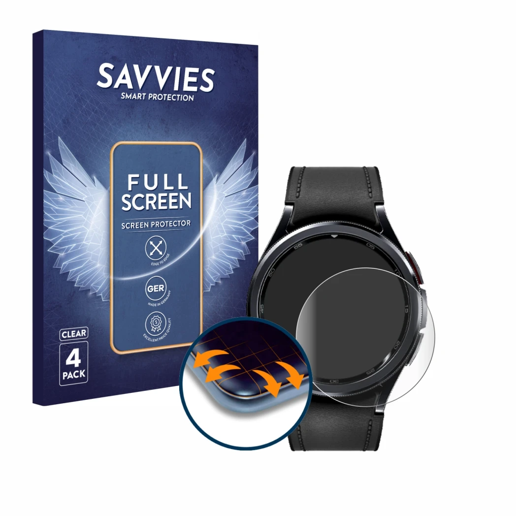 Front side of a product packaging with the brand logo Savvies. Next to it is the device Samsung Galaxy Watch 6 Classic (47 mm)