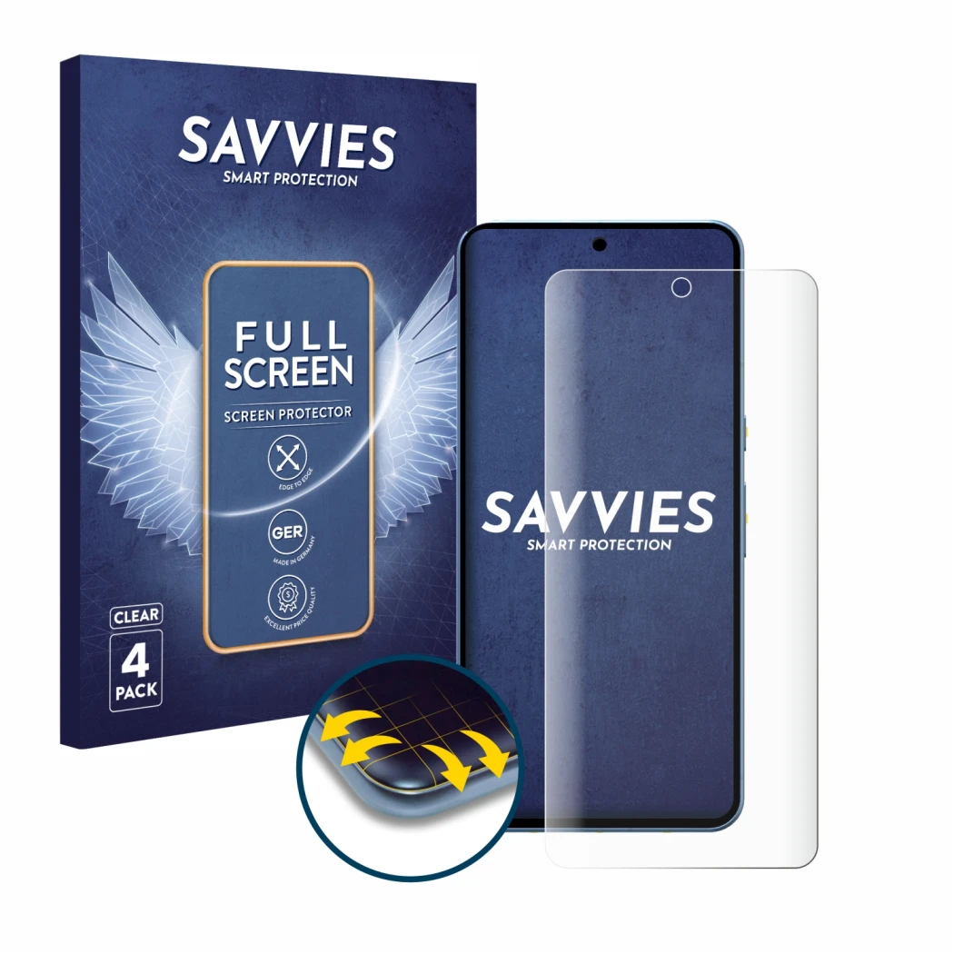 Front side of a product packaging with the brand logo Savvies. Next to it is the device Google Pixel 8 Pro shown with the corr