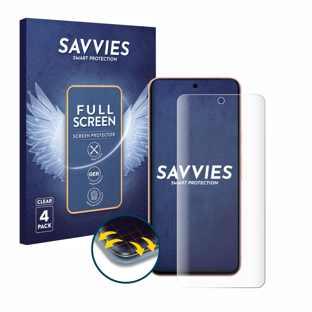 Front side of a product packaging with the brand logo Savvies. Next to it is the device Google Pixel 8 shown with the correspo