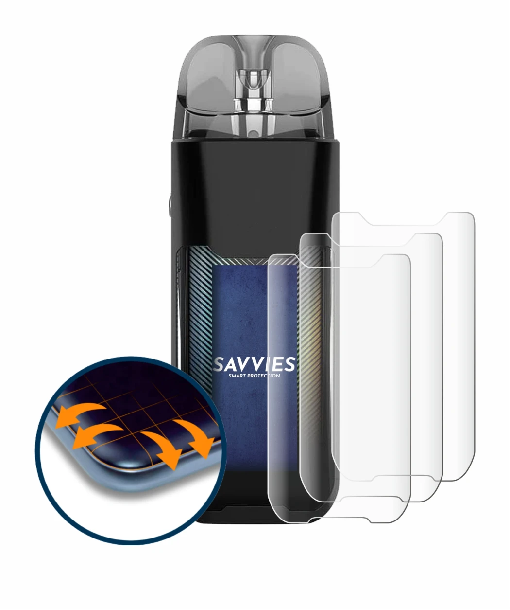 Image of the device Vaporesso Luxe XR with a wide variety of screen protectors.