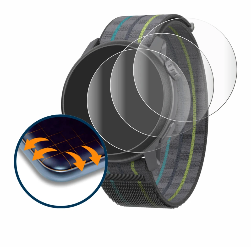 Image of the device Coros Pace 3 with a wide variety of screen protectors.