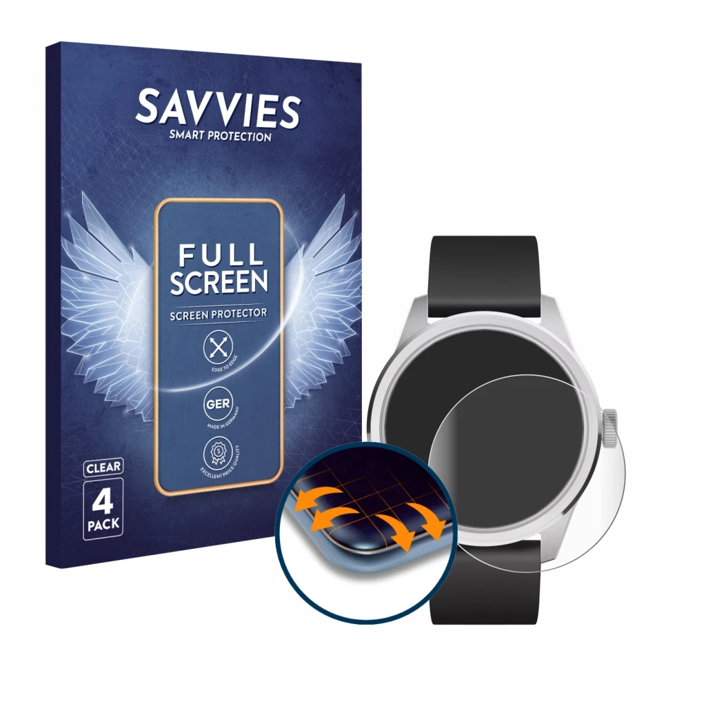 Front side of a product packaging with the brand logo Savvies. Next to it is the device Withings ScanWatch 2 (42 mm) shown wit