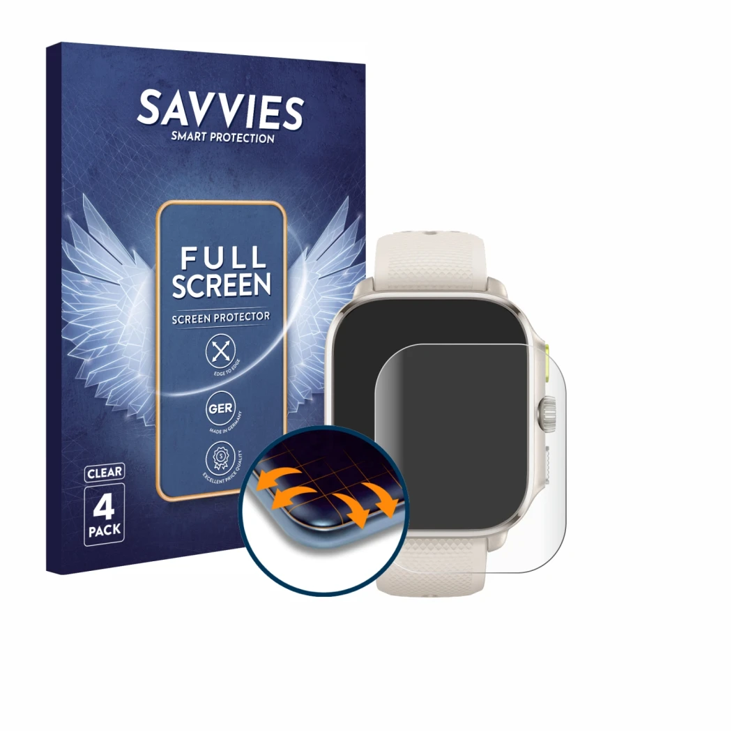 Front side of a product packaging with the brand logo Savvies. Next to it is the device Huami Amazfit Cheetah (Square) shown w