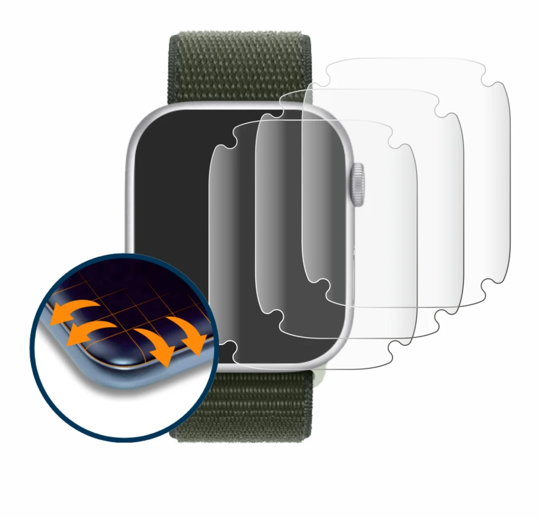 Image of the device Apple Watch Series 9 (45 mm) with a wide variety of screen protectors.