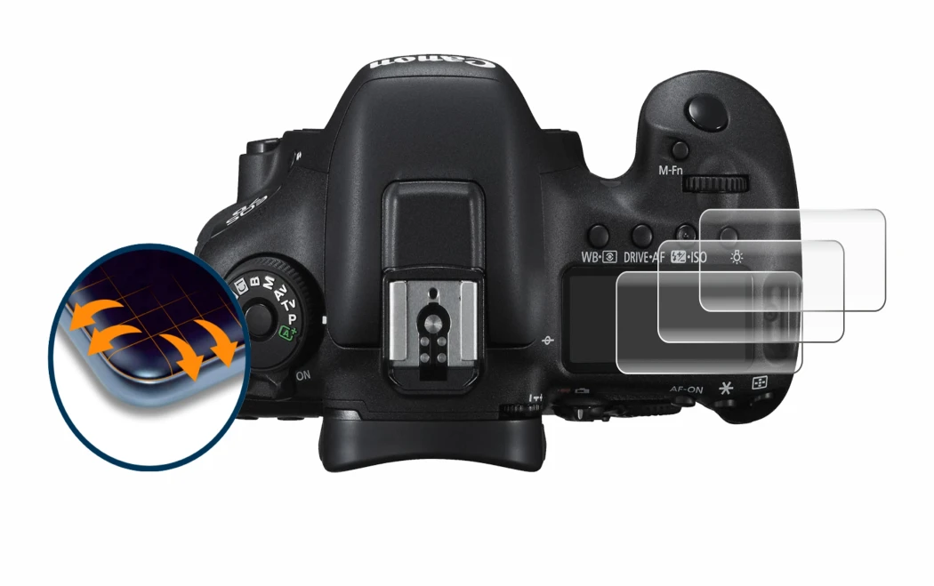 Image of the device Canon EOS 7D Mark II (top plate display) with a wide variety of screen protectors.