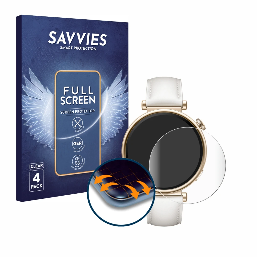 Front side of a product packaging with the brand logo Savvies. Next to it is the device Huawei Watch GT 4 (41mm) shown with th