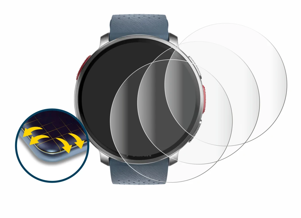 Image of the device Polar Vantage V3 with a wide variety of screen protectors.