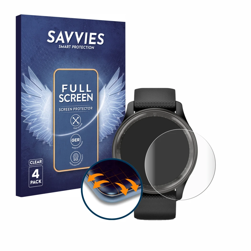 Front side of a product packaging with the brand logo Savvies. Next to it is the device Garmin Vivomove Trend shown with the c