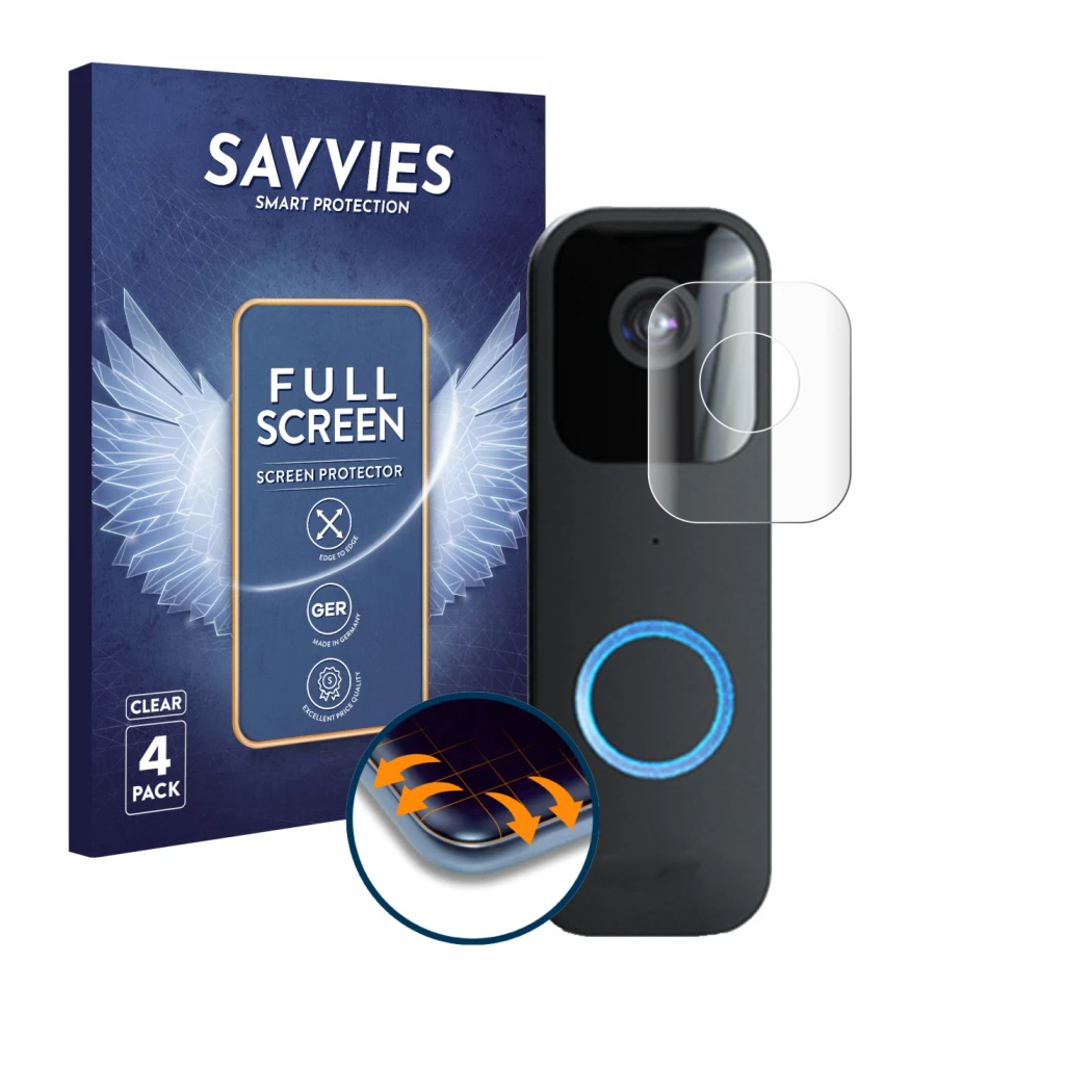 Front side of a product packaging with the brand logo Savvies. Next to it is the device Blink Video Doorbell shown with the co