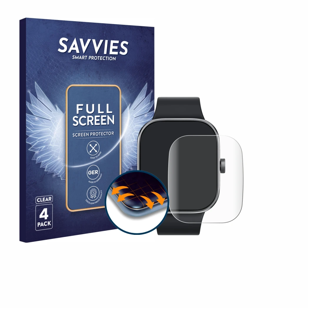 Front side of a product packaging with the brand logo Savvies. Next to it is the device Xiaomi Redmi Watch 4 shown with the co