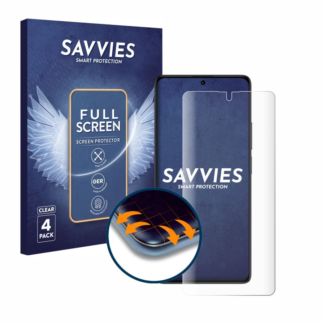 Front side of a product packaging with the brand logo Savvies. Next to it is the device Xiaomi Redmi Note 13 5G shown with the