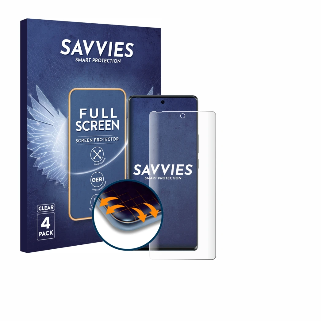 Front side of a product packaging with the brand logo Savvies. Next to it is the device Tecno Spark 20 Pro Plus shown with the