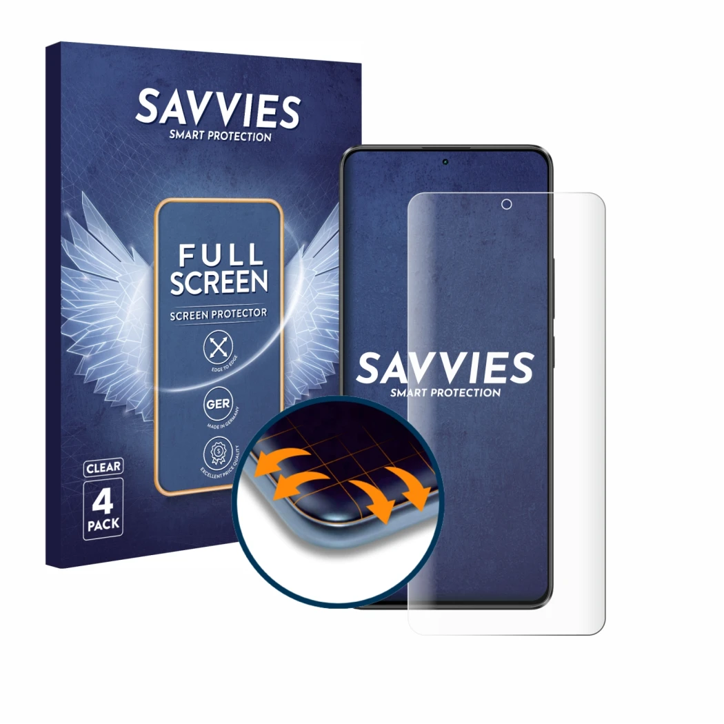 Front side of a product packaging with the brand logo Savvies. Next to it is the device Xiaomi Poco X6 shown with the correspo