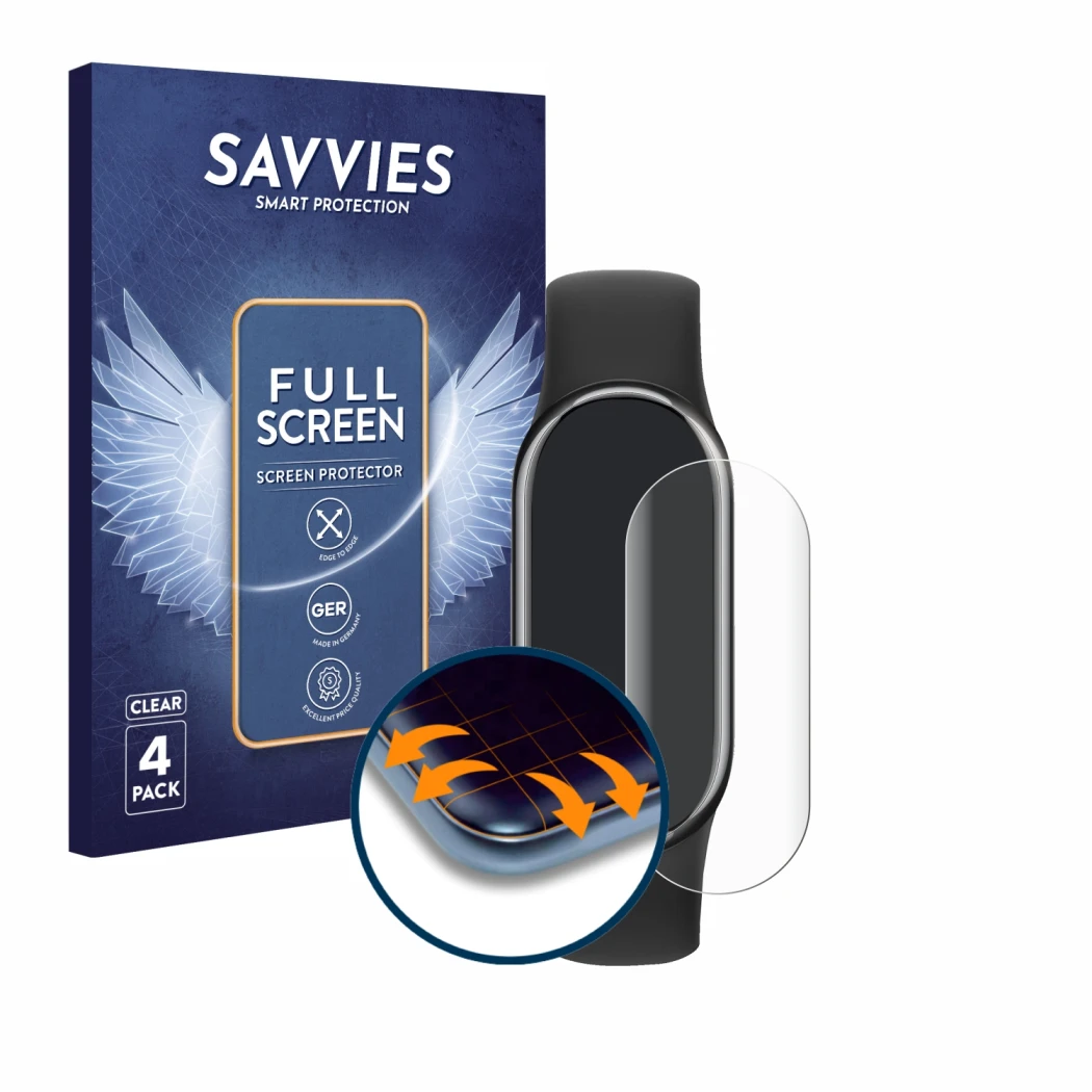 Front side of a product packaging with the brand logo Savvies. Next to it is the device Xiaomi Smart Band 8 shown with the cor